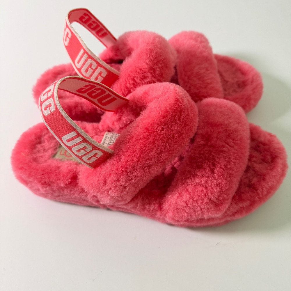 UGG Fluff Slide Pink Sheepskin Platform Sandal Slipper  Womens 8